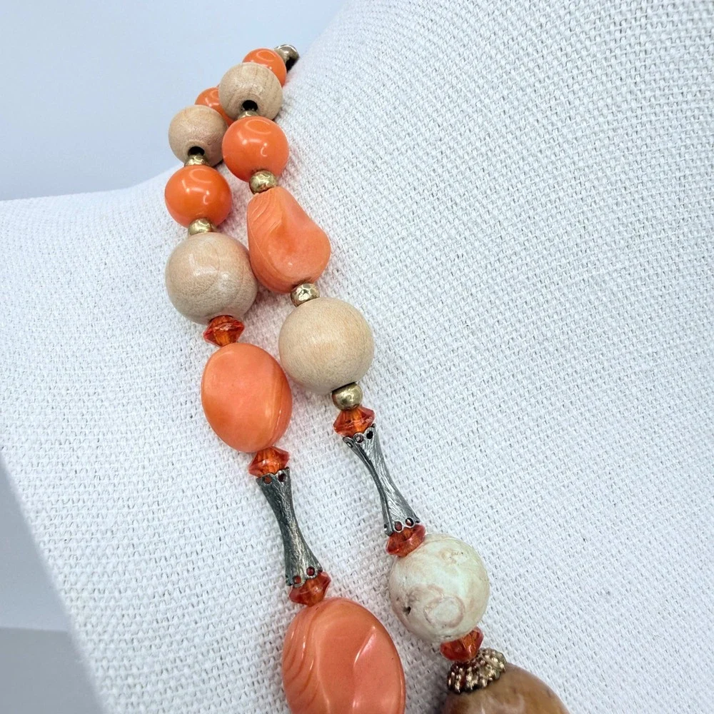 Arthur Pepper Vintage Necklace Double Strand Wood Stone Coral‎ Bead Mid Mod